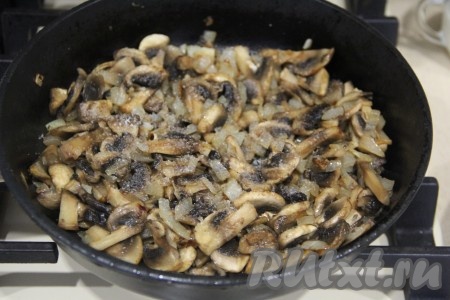 Обжаривать грибы с луком, помешивая, в течение 15 минут, затем посолить по вкусу.