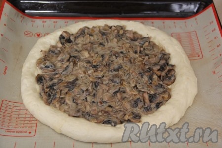 Затем выложить грибную начинку в середину пиццы и равномерно распределить.