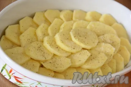 В жаропрочную форму выложить картофель. Я выкладывала картофельные кружочки внахлёст. Слегка посолить и поперчить картошку. 