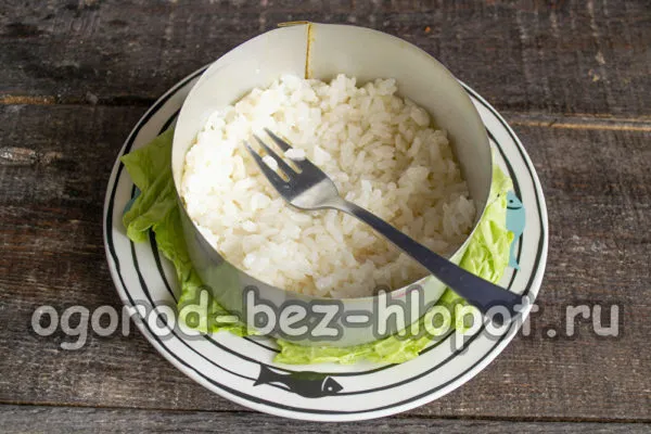 выложить рис, смазать майонезом