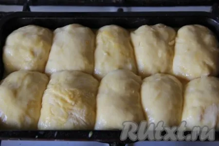 Подошедшее тесто разделить на несколько частей и выложить в подготовленную форму. Оставить сформированные картофельные булочки на 30-40 минут для подъема. Подошедшие булочки смазать взбитым яйцом. 