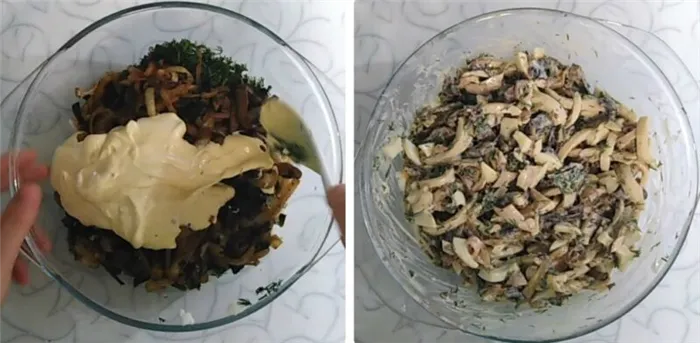 салат с кальмарами и грибами