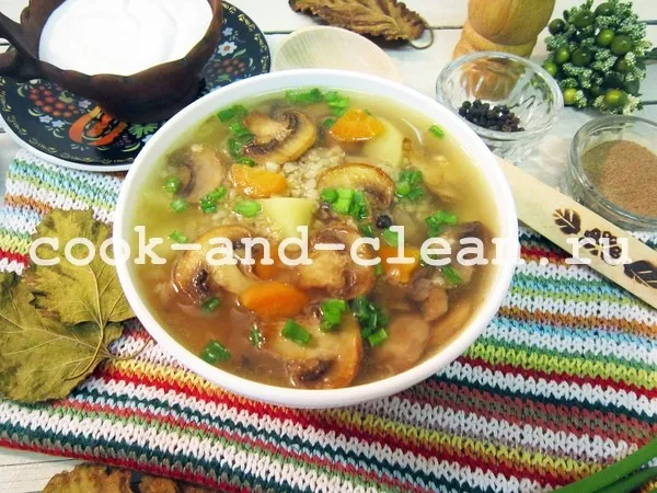 Суп из шампиньонов с пшеничной крупой и специями