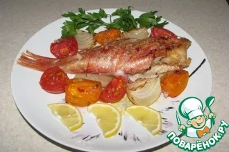 Рецепт: Морской окунь, запеченный с овощами