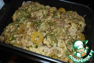 Рецепт: Картошечка с куриными крылышками под сыром в духовке