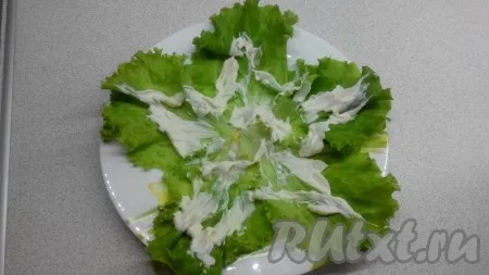 На блюдо выкладываем листья салата и рисуем приготовленной салатной заправкой контур нашей морской звездочки. 