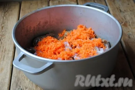 Лук и морковь очистить. Морковь натереть на средней тёрке, лук нарезать полукольцами и отправить овощи к желудочкам. 