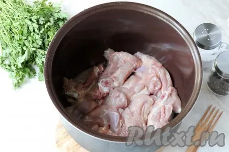 Куриное мясо тщательно вымыть и нарезать на порционные кусочки. Выложить мясо в чашу мультиварки, влить 2 столовые ложки растительного масла и включить режим 