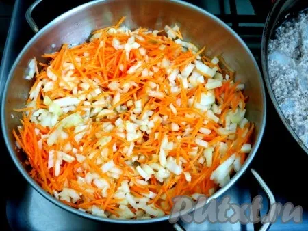 Лук и морковь обжариваем на разогретом растительном масле, периодически помешивая, до мягкости, минут 10. 