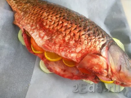 Внутри рыбы разместить нарезанные лимоны и помидоры. На луковую подушку выложить подготовленного карпа.