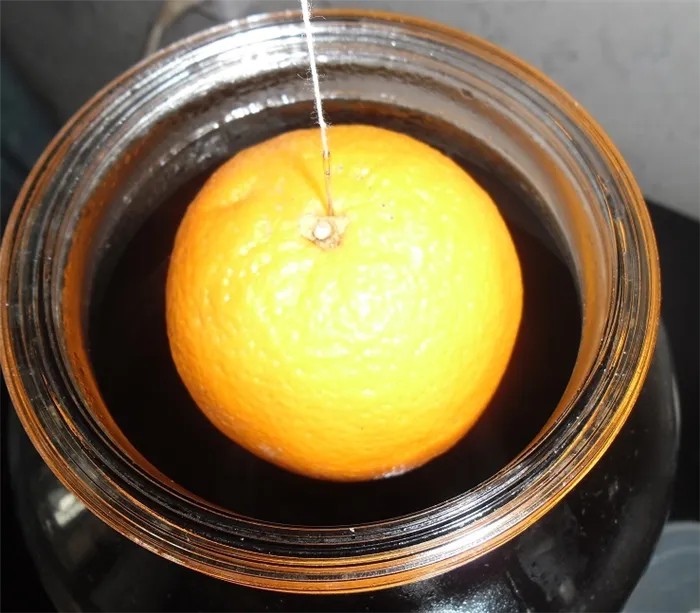 фото домашней апельсиновой настойки с подвешенным плодом