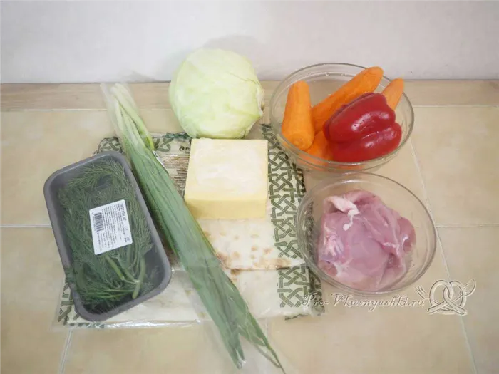 Рулет из лаваша с корейской морковью, капустой и курицей - ингредиенты