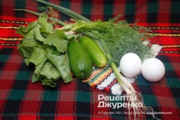 Сварить вкрутую яйца, подготовить огурцы, зелень и свекольную ботву.