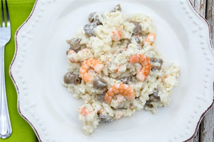 Рецепт ризотто с морепродуктами в сливочном соусе с грибами