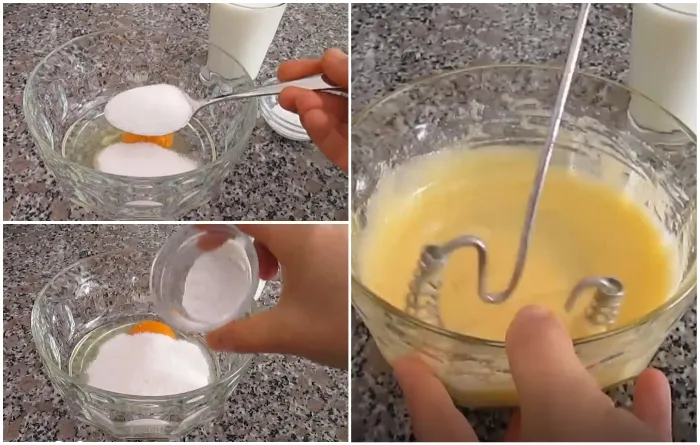 Взбиваем яйца, сахар, ваниль и щепотку соли до тех пор, пока масса не станет светлее. | Фото: youtube.com/ © Pratik Yemek Tarifleri.