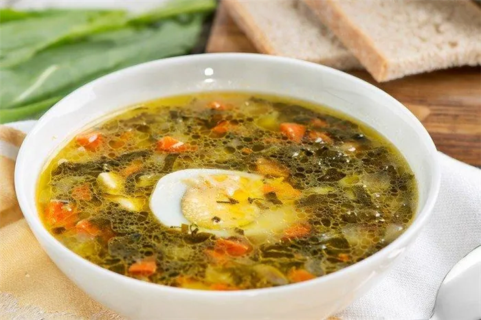 Щавелевый суп с овощами и грибами