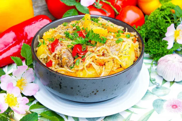 Тушеная капуста с картошкой и мясом в казане