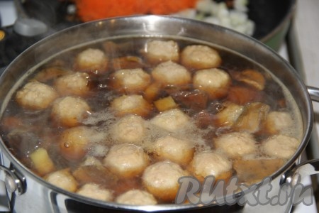 Выложить картофель и фрикадельки в кипящий грибной бульон и варить суп на небольшом огне минут 15. 