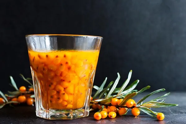 healthy sea buckthorn tea glass cup selective focus - Компот из облепихи