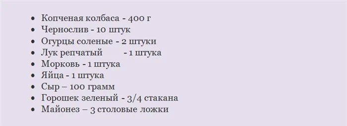 Ингредиенты для салата Прага с копченой колбасой, огурцом и сыром