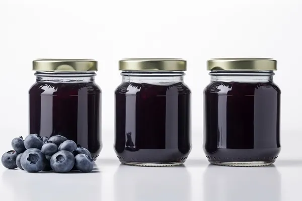 blueberry jam and plump blueberries fruit jars on white background with generative ai - Черничный сок консервированный