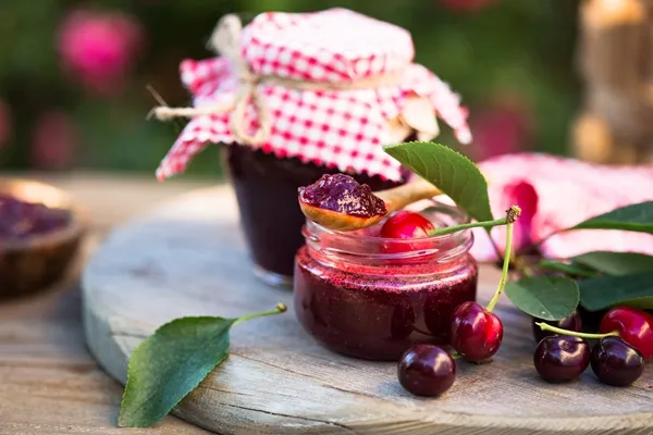 homemade cherry jam with fresh cherries wooden table - Варенье из черешни без косточек