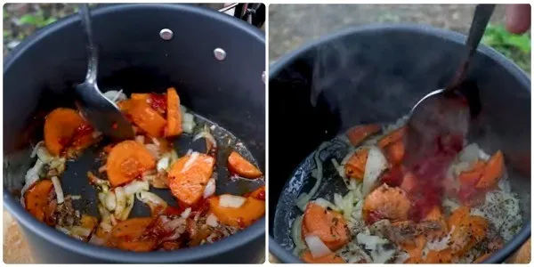 Макароны с тушенкой на сковороде с луком